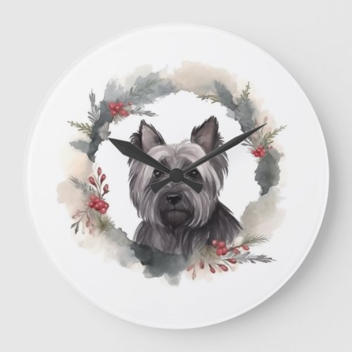 Skye Terrier Christmas Wreath Festive Pup Large Clock