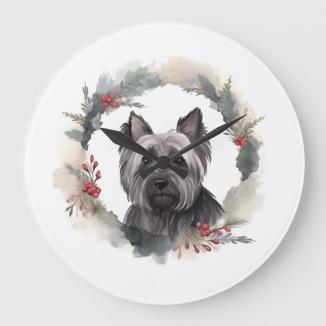 Skye Terrier Christmas Wreath Festive Pup Large Clock (Front)