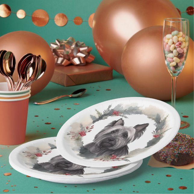 Skye Terrier Christmas Wreath Festive Pup Paper Plates (Multi)