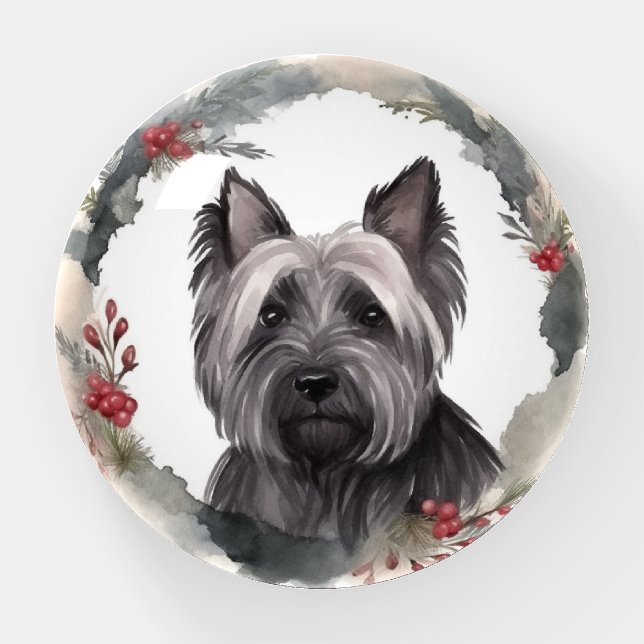 Skye Terrier Christmas Wreath Festive Pup Paperweight (Front)