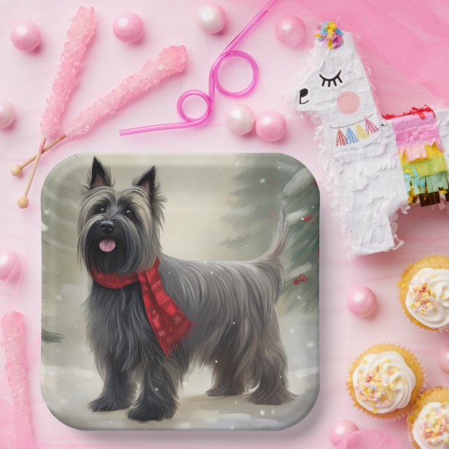Skye Terrier Dog in Snow Christmas  Paper Plates (Party)