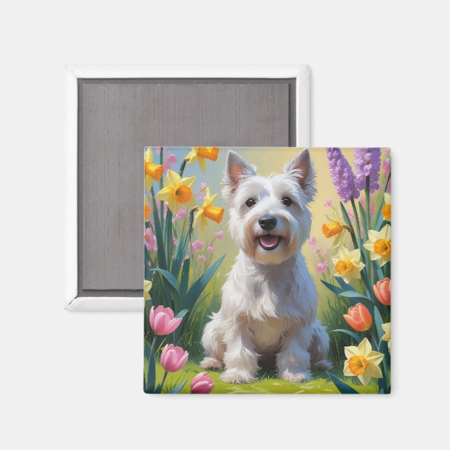 Skye Terrier Dog Spring Flowers Painting Magnet (Front/Back)