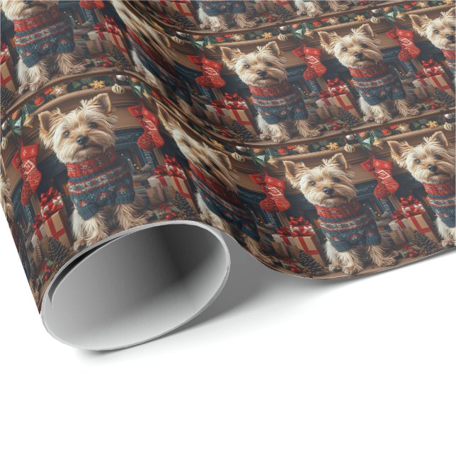 Skye Terrier Dog With Christmas Gifts Fireplace Wrapping Paper (Roll Corner)