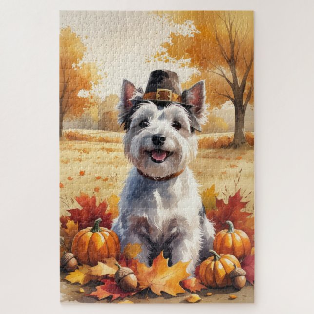 Skye Terrier In Autumn Leaves Thanksgiving Art Jigsaw Puzzle (Vertical)