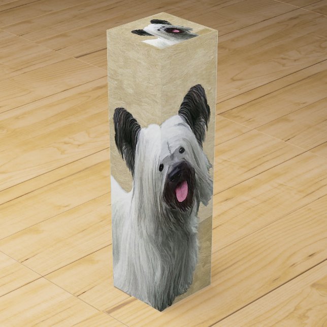 Skye Terrier Painting - Cute Original Dog Art Wine Box (Front)