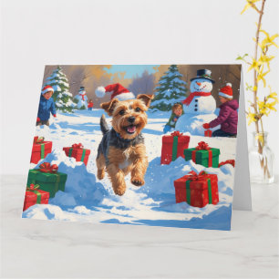Skye Terrier Running in Snow with Christmas Hat Card