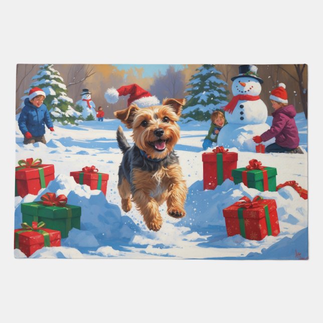 Skye Terrier Running in Snow with Christmas Hat Doormat (Front)