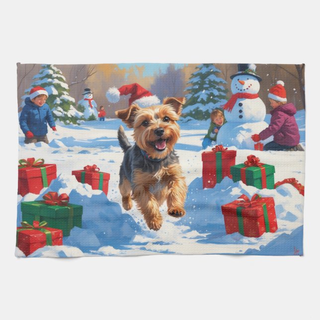 Skye Terrier Running in Snow with Christmas Hat Kitchen Towel (Horizontal)