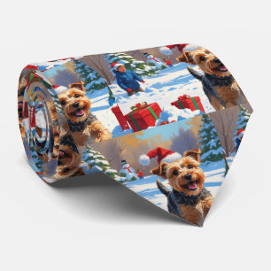 Skye Terrier Running in Snow with Christmas Hat Neck Tie