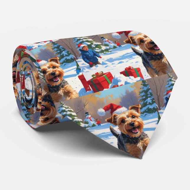 Skye Terrier Running in Snow with Christmas Hat Neck Tie (Rolled)