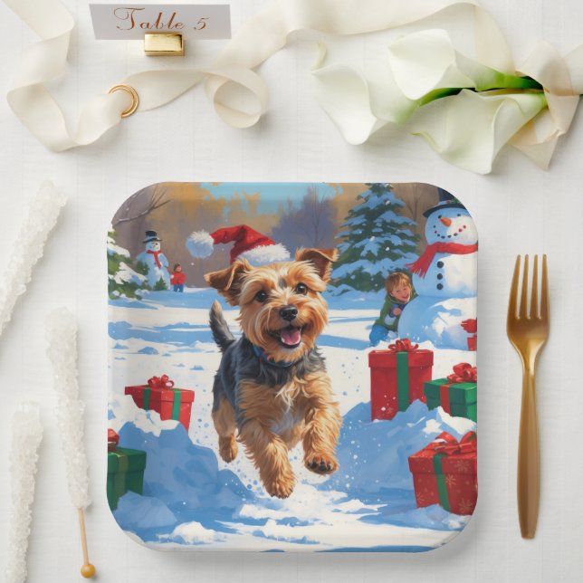 Skye Terrier Running in Snow with Christmas Hat Paper Plates (Wedding)