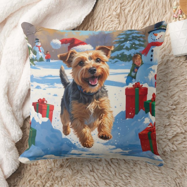 Skye Terrier Running in Snow with Christmas Hat Throw Pillow (Blanket)