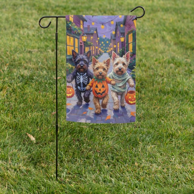 Skye Terrier Trick-or-Treating Halloween Costumes Garden Flag (In SItu)