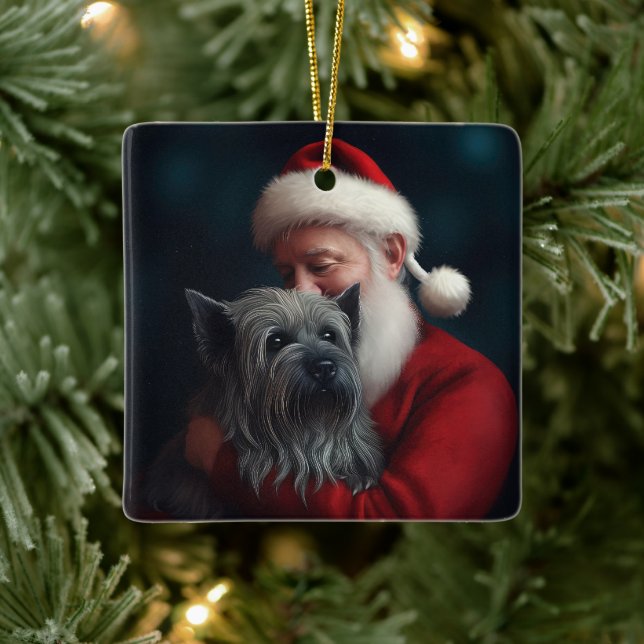 Skye Terrier With Santa Claus Festive Christmas Ceramic Ornament (Tree)