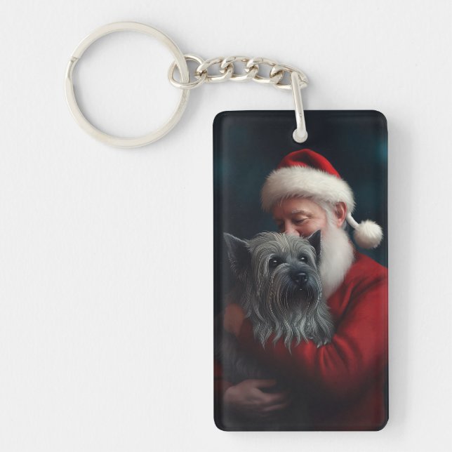 Skye Terrier With Santa Claus Festive Christmas Keychain (Front)
