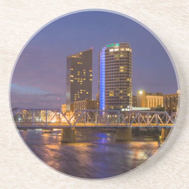 Skyline At Dusk, On The Grand River Sandstone Coaster (Front)