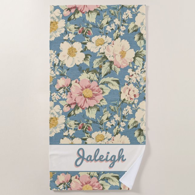Skyline Blue Retro Floral Shadow Letters Beach Towel (Front)