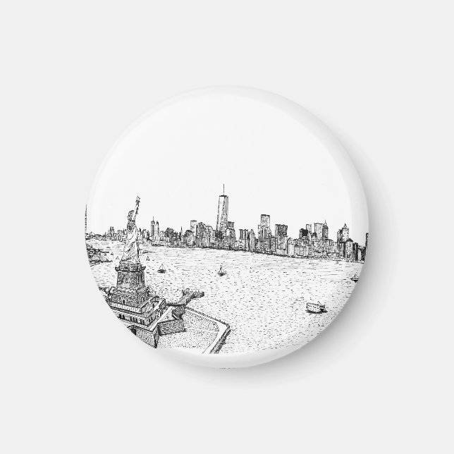 Skyline New York Pen Ink Illustration Magnet (Front)