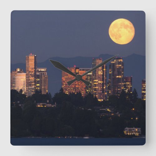 Skyline Of Bellevue From Lake Washington At Dusk Square Wall Clock