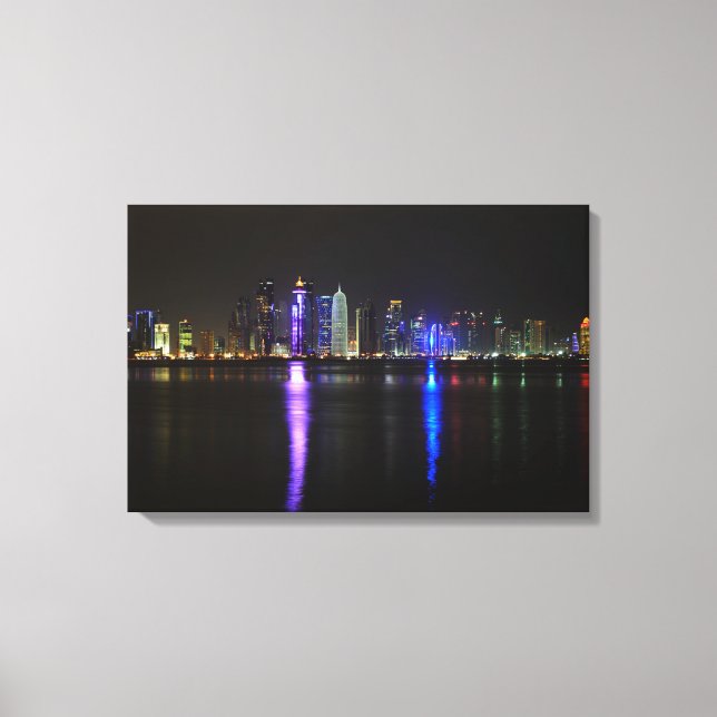 Skyline of Doha, Qatar at night canvas print (Front)