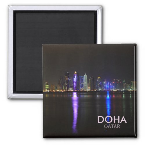 Skyline of Doha Qatar at night square text magnet