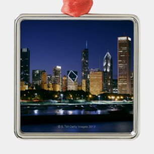 Skyline of Downtown Chicago at night Metal Ornament