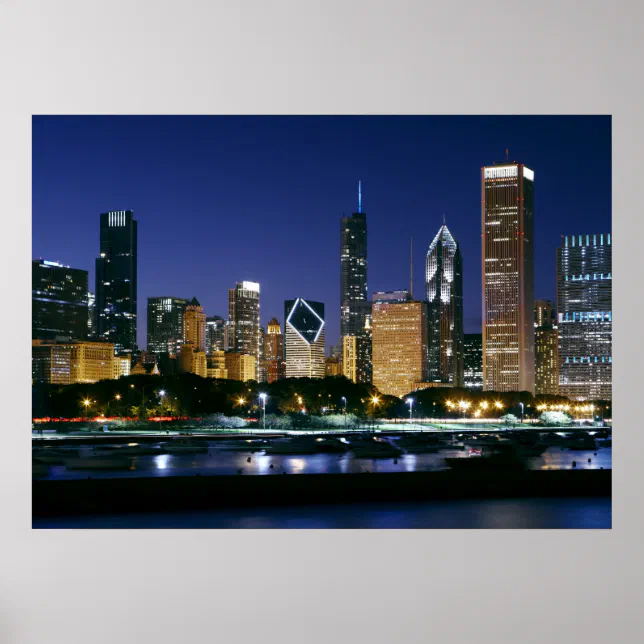 Skyline of Downtown Chicago at night Poster | Zazzle