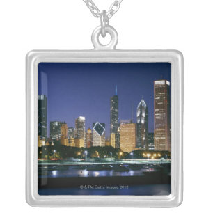 Skyline of Downtown Chicago at night Silver Plated Necklace