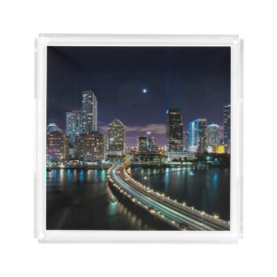 Skyline of Miami city with bridge at night Acrylic Tray