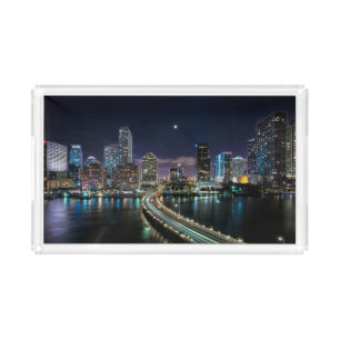 Skyline of Miami city with bridge at night Acrylic Tray