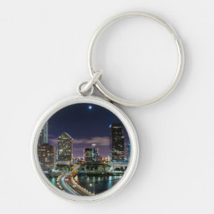 Skyline of Miami city with bridge at night Keychain