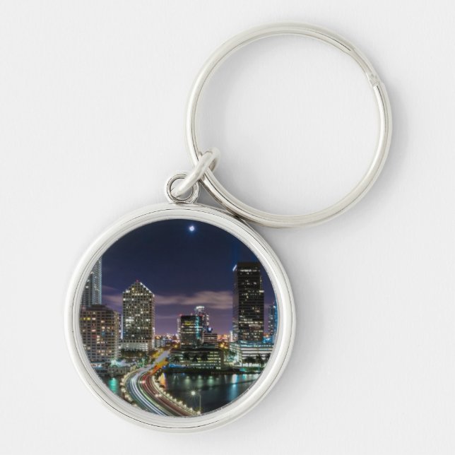Skyline of Miami city with bridge at night Keychain (Front)