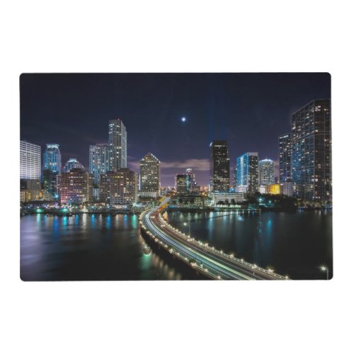 Skyline of Miami city with bridge at night Placemat