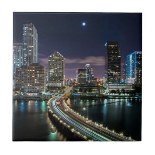 Skyline of Miami city with bridge at night Tile