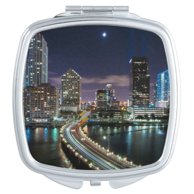 Skyline of Miami city with bridge at night Vanity Mirror (Front)