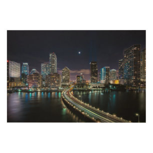 Skyline of Miami city with bridge at night Wood Wall Decor