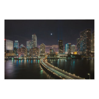 Skyline of Miami city with bridge at night Wood Wall Decor
