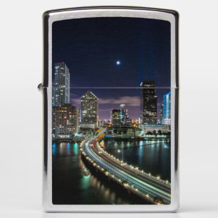 Skyline of Miami city with bridge at night Zippo Lighter