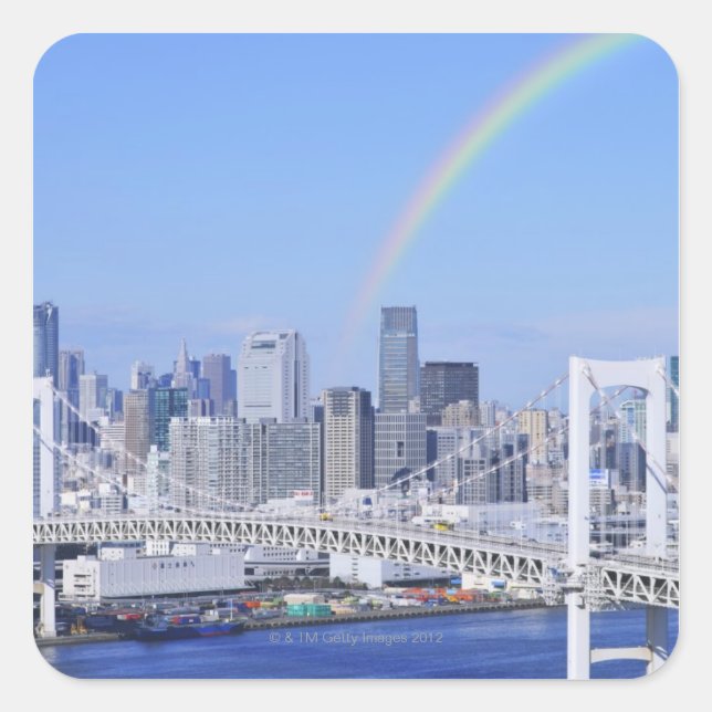 Skyline of Tokyo and Rainbow Bridge Square Sticker (Front)