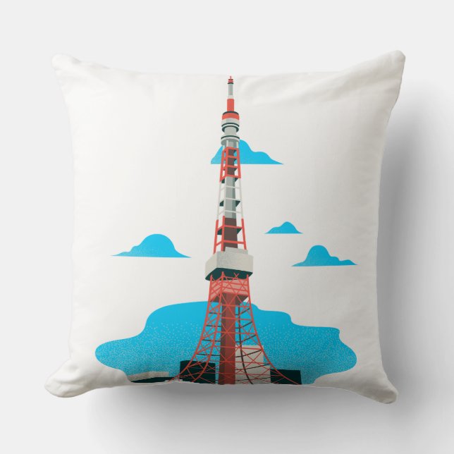 "Skyline Serenity: Blue Tower Pillow" Throw Pillow (Front)