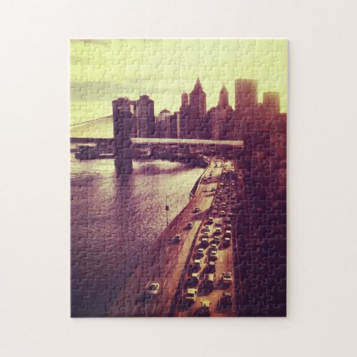 Skyline Sunset _ Brooklyn Bridge and NYC Cityscape Jigsaw Puzzle