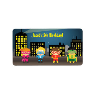 Skyline Superhero Birthday Party For Kids Label