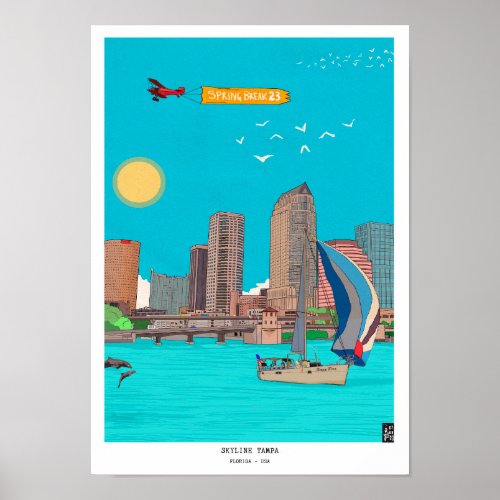 Skyline Tampa Florida Spring Break Illustration Poster