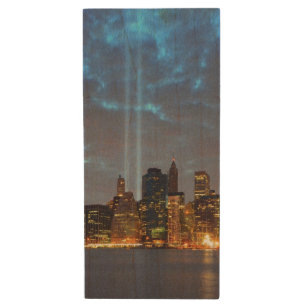 Skyline view of city in night. wood USB flash drive