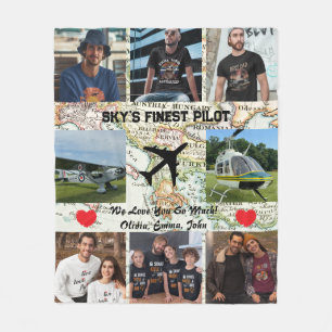Sky's Finest Pilot, Airplane & Map, Photo Collage Fleece Blanket