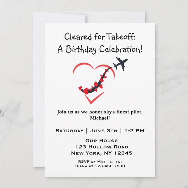 Sky's Finest Pilot,Heart Airplane,Birthday,Simple Invitation (Front)