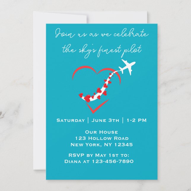 Sky's Finest Pilot,Heart Airplane,Birthday,Simple Invitation (Front)