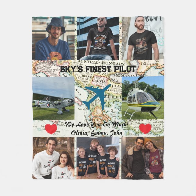 'Sky's Finest Pilot' Photo Collage,Airplane & Map Fleece Blanket (Front)