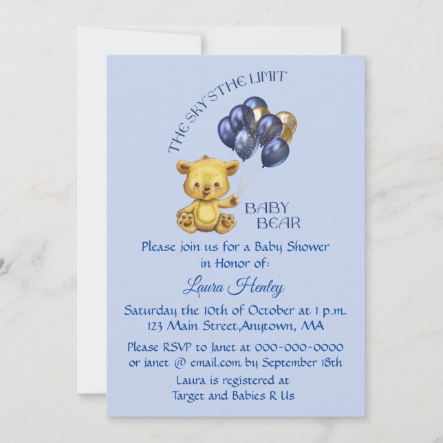 Sky's the Limit Baby Bear Blue Shower Invitation (Front)