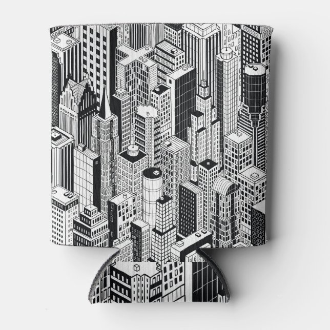 Skyscraper city illustration, isometric seamless p can cooler (Front)